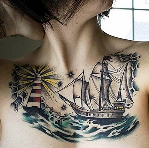 Tatouage avec thème nautique. Photos, croquis, manchon sur les jambes, les bras, les mollets, le dos, le poignet, sens
