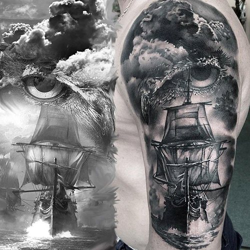Tatouage de sujets marins. Photos, croquis, manche sur la jambe, le bras, le mollet, le dos, le poignet, le sens.