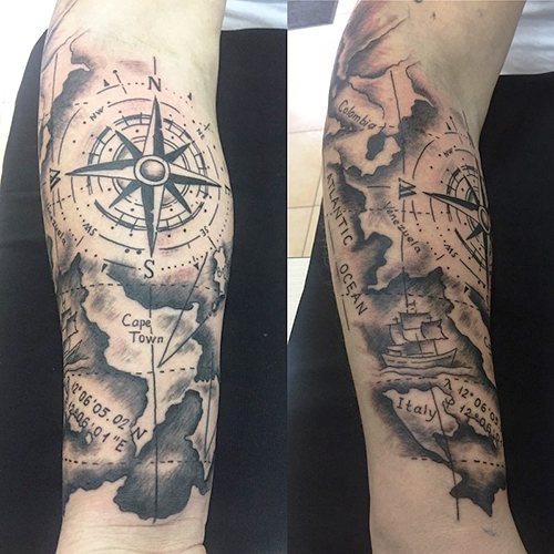 Tatouage avec thème nautique. Photos, croquis, manchon sur les jambes, les bras, les mollets, le dos, le poignet, sens