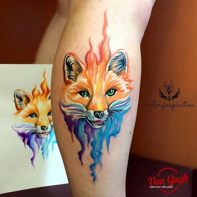 Tattoo on the leg Fox watercolor