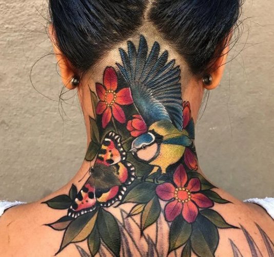 Tattoo on the back of the neck for girls with meaning. Picture, value