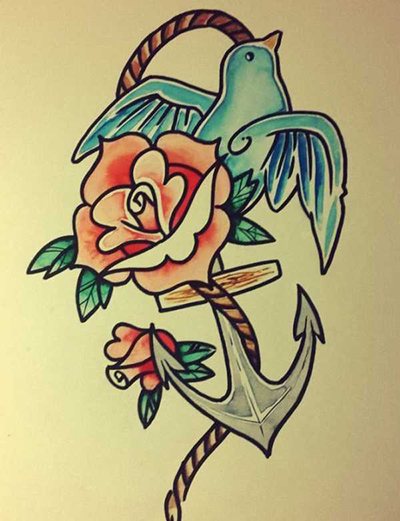 Un tatouage old school. Croquis masculins, pour filles, noir et blanc, couleur