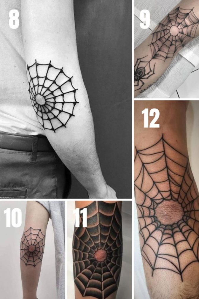 Tatuaje de tela de araña en el codo. Significado, bocetos, fotos