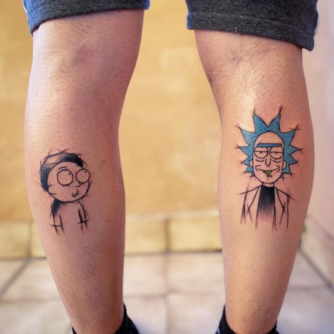 Tattoo Rick et Morty. Noir et blanc sur bras, jambe, main, côtes, photo