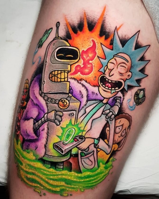 Tatouage de Rick et Morty. Tatouages noirs et blancs sur le bras, la jambe, la main, les côtes, photo