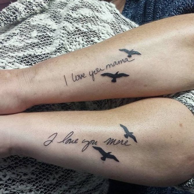 Tattoo with birds and symbolic inscriptions for mother and daughter