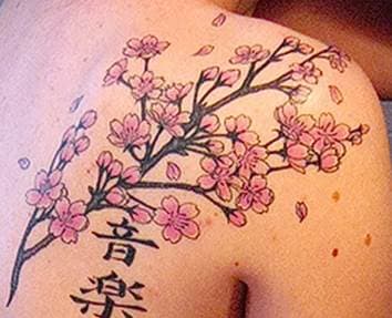 Tatouage sakura et hiéroglyphes