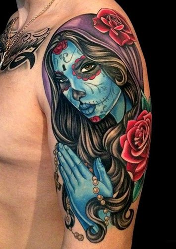 Татуировка на Santa Muerte при жени, мъже. Значение, дизайн, снимки