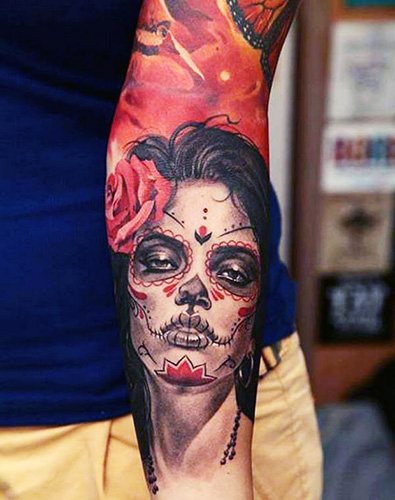 Татуировка на Santa Muerte при жени, мъже. Значение, дизайн, снимки