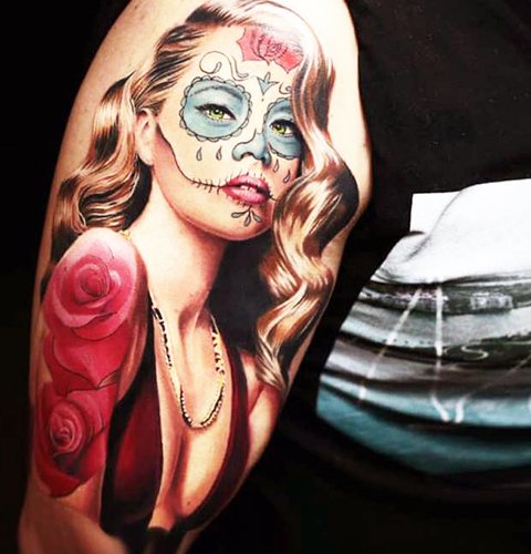 Татуировка на Santa Muerte при жени, мъже. Значение, дизайн, снимки