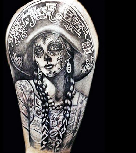Татуировка на Santa Muerte при жени, мъже. Значение, дизайн, снимки