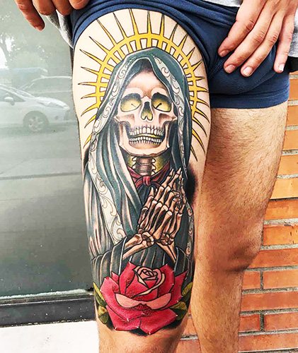 Татуировки Santa Muerte за жени, мъже. Значение, скици, снимки