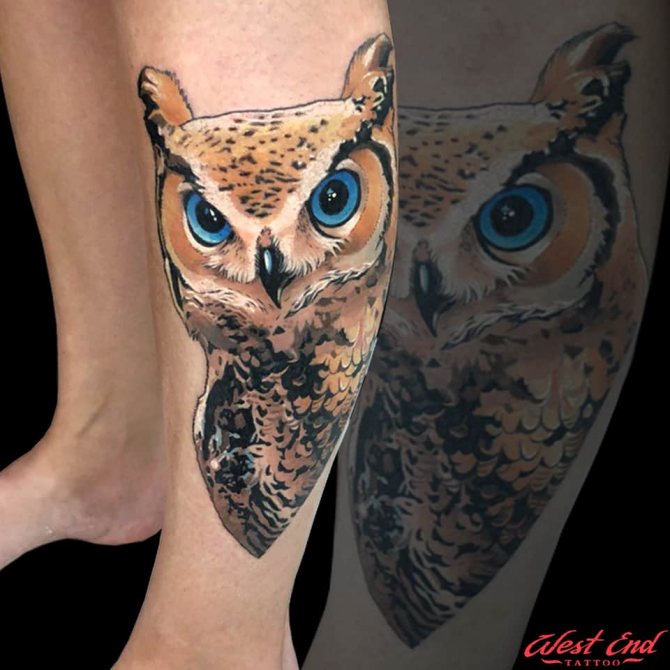 Tatouage d'une chouette sur sa jambe