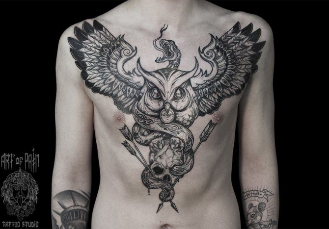 Tattoo of an owl on his chest