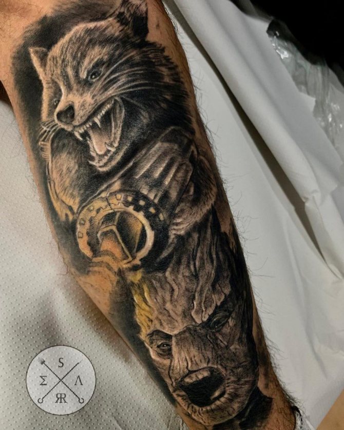 Tattoo of Superheroes Rocket and Groot