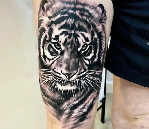 Tatouage d'un tigre sur la jambe
