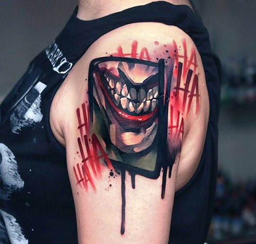 Tattoo Joker's Smile on his arm. Sketches, photo