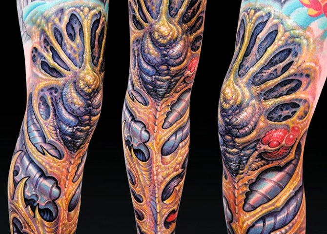 Tatouage dans le style Bioorganic. Photo, croquis, sens
