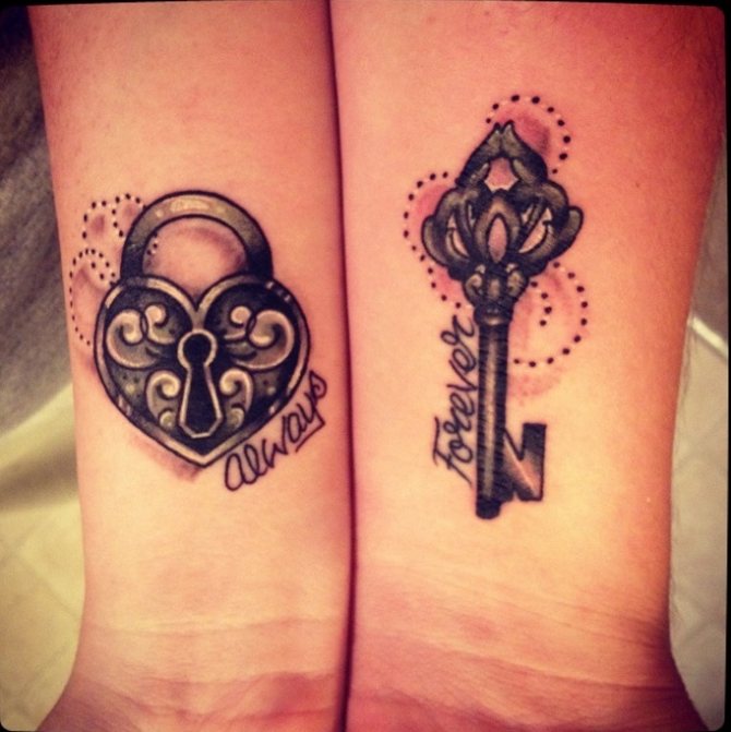 Tattoo in the form of a lock and key, made in the same style