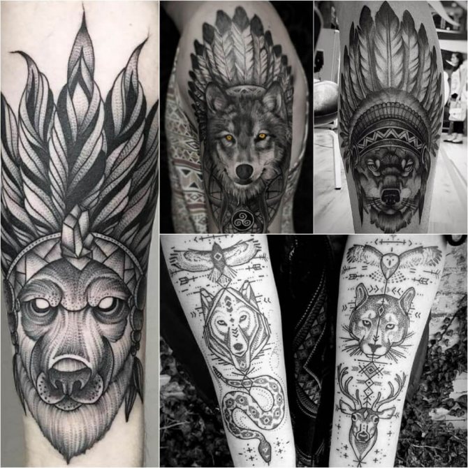 Loup tatoué - Subtilité du tatouage de loup - Loup indien tatoué - Loup tatoué avec des plumes