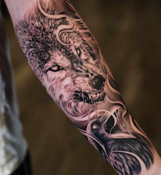 Tetoválás holló és farkas