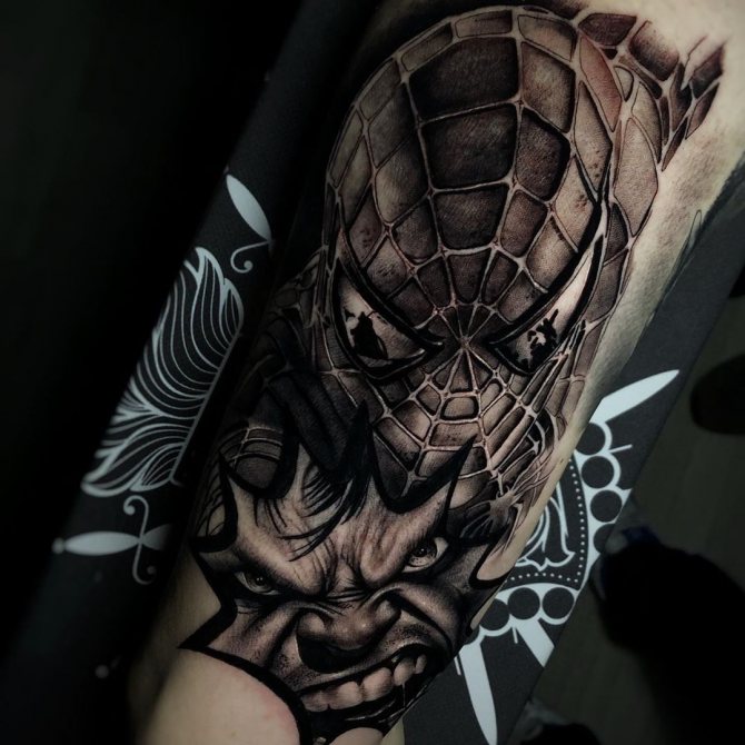 Spider-Man and Hulk tattoo on his arm