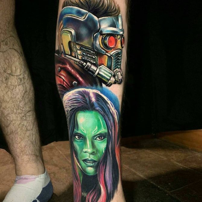 Tattoo of Gamora and Star-Lord on the Leg