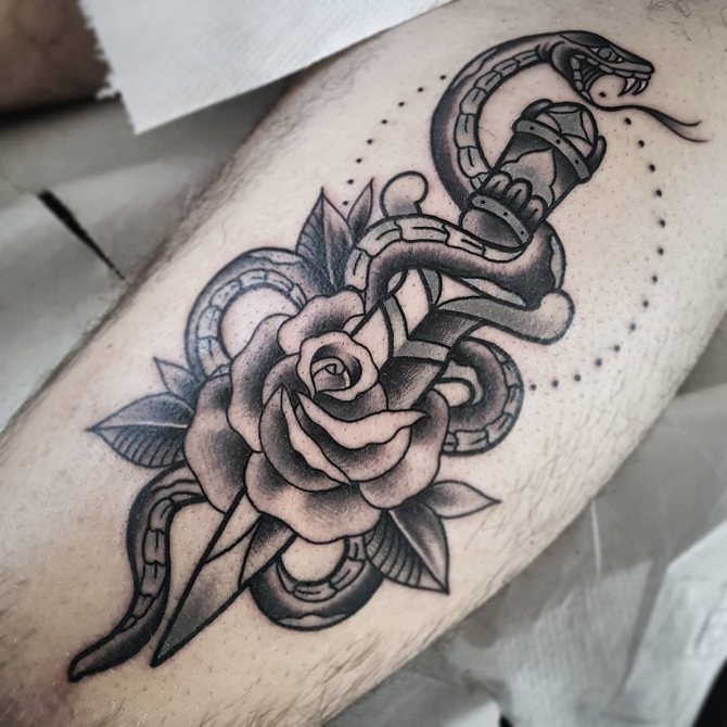 Dagger Rose tattoo and Snake on His Leg