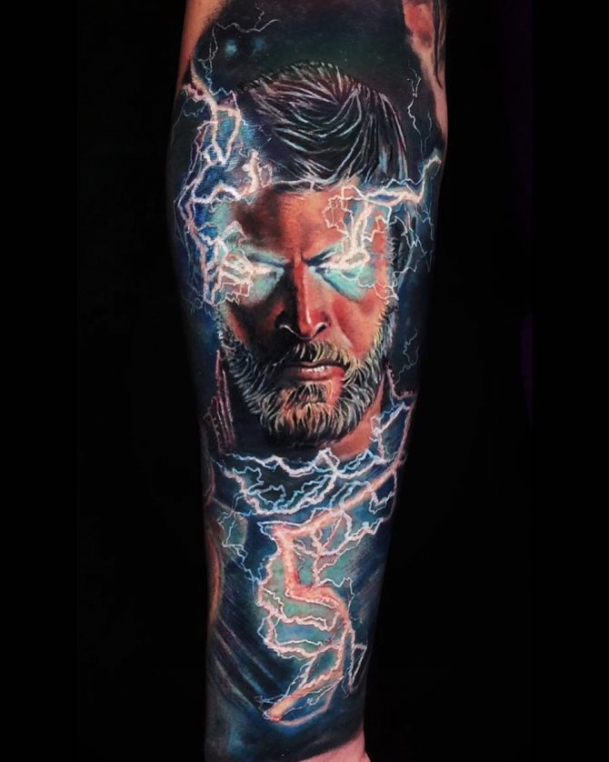 Tattoo of Thor and Lightning on Arm