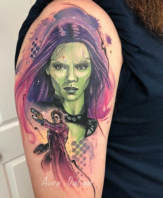 Tattoo of Peter Quill and Gomora on the Shoulder
