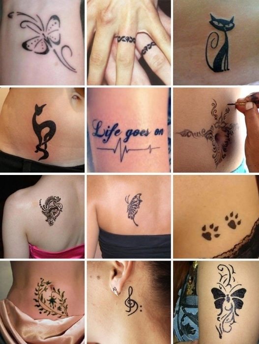 テンポラリータトゥー。家庭での作り方:ジェルペン、ヘナ、絵の具、シール、カラーと白黒、目には鉛筆で、マーカーで、ステンシルで