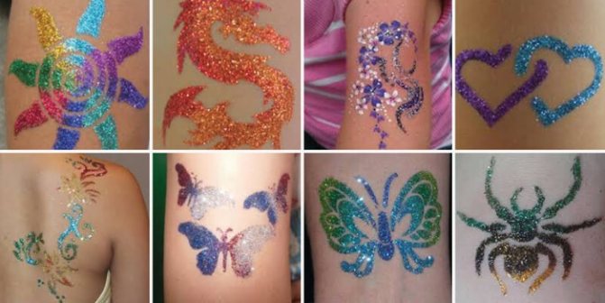 テンポラリータトゥー。家庭での作り方:ジェルペン、ヘナ、絵の具、シール、カラーと白黒、アイペンシル、マーカー、ステンシル付き