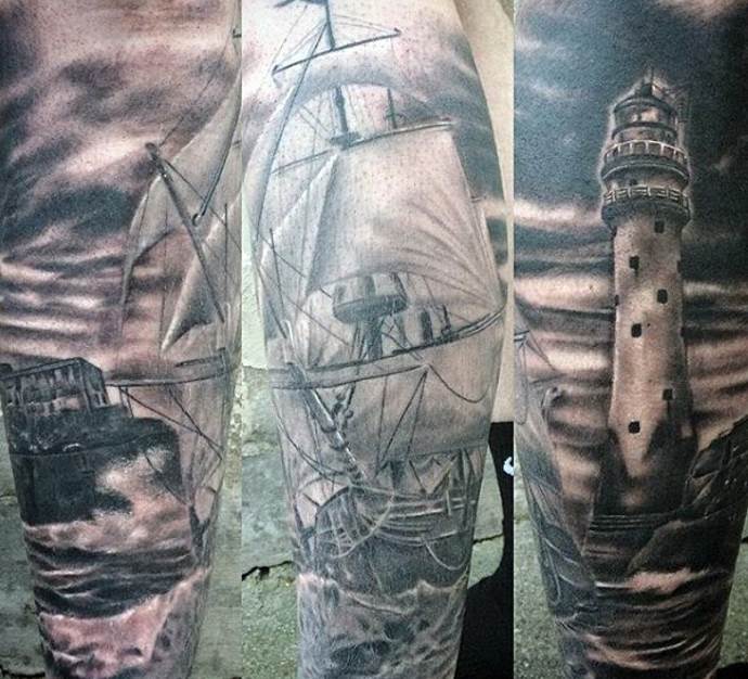 Tatouage de phare et de bateau à trois angles