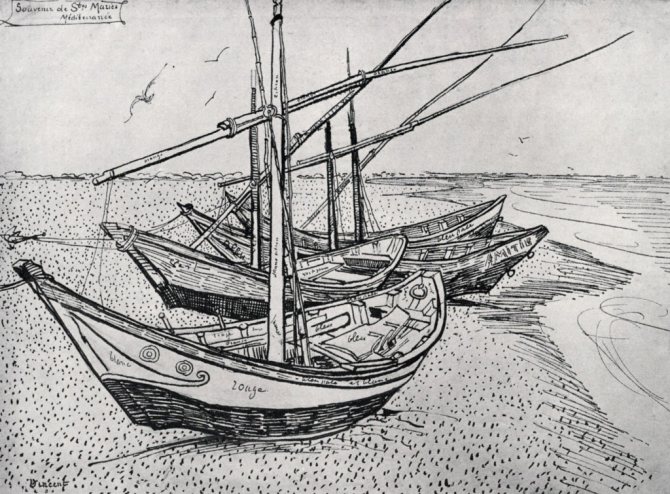 Van Gogh. Barques à terre, navires, rivière