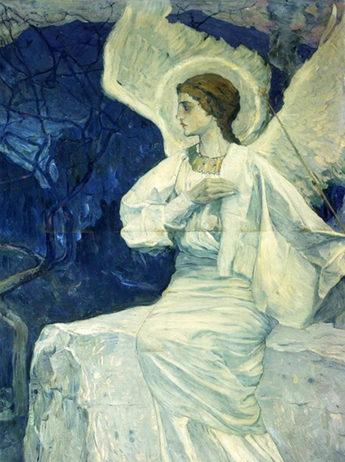 La résurrection du Christ. Un ange assis sur le cercueil. Une fresque de l'église de l'Intercession du monastère Marfo-Mariinsky. Artiste Nesterov M.