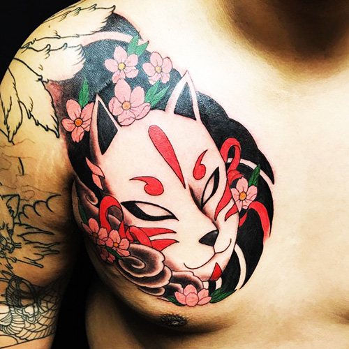 Japanese fox mask Kitsune tattoo. Meaning, sketch, photo