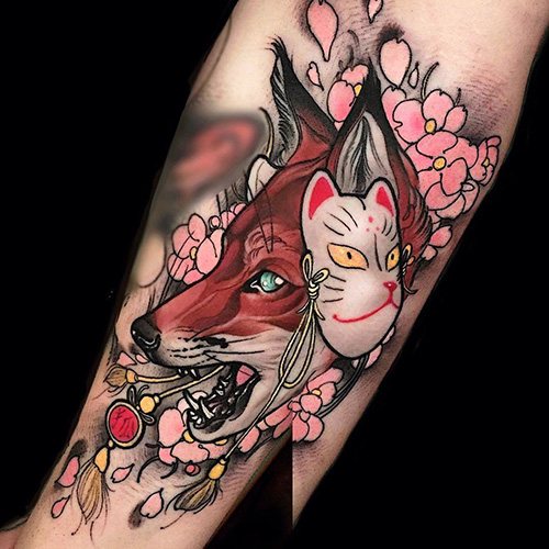 Japanese mask of a fox Kitsune tattoo. Meaning, sketch, photo
