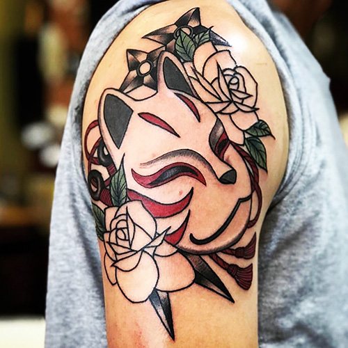 Japanese mask of a fox Kitsune tattoo. Meaning, sketch, photo