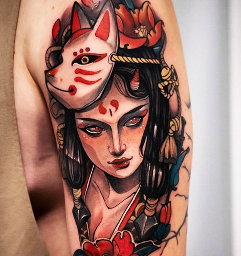 Japanese mask of a fox Kitsune tattoo. Meaning, sketch, photo