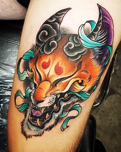 Japanese mask of a fox Kitsune tattoo. Meaning, sketch, photo