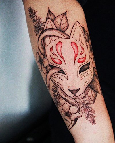 Japanese mask of a fox Kitsune tattoo. Meaning, sketch, photo