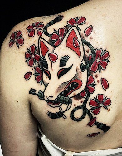 Japanese fox mask Kitsune tattoo. Meaning, sketch, photo