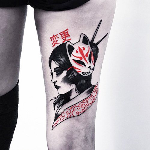 Japanese mask of a fox Kitsune tattoo. Meaning, sketch, photo