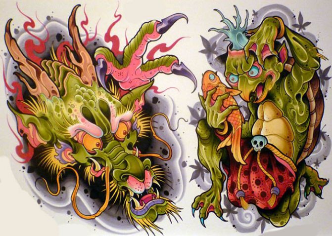 Dragon japonais. Croquis de tatouage simple en couleur, photo, signification