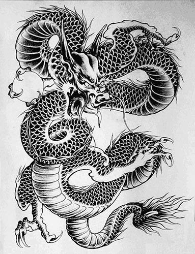 Dragon japonais. Croquis de tatouage simple en couleur, photo, signification