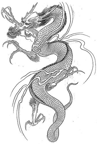 Dragon japonais. Croquis de tatouage simple en couleur, photo, signification