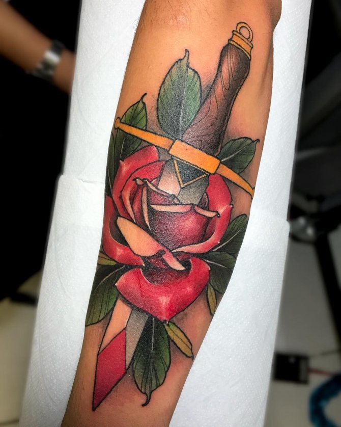 Bright Dagger Tattoo with Rose