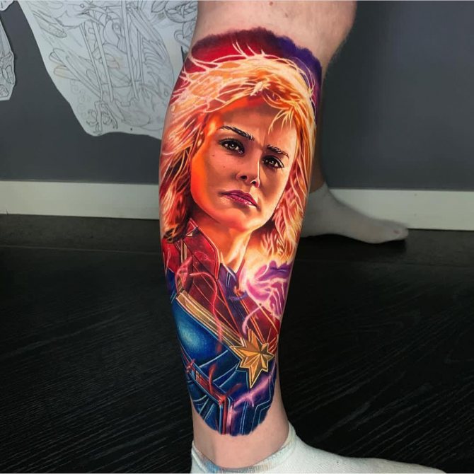 Captain Marvel Vivid Tattoo on Leg