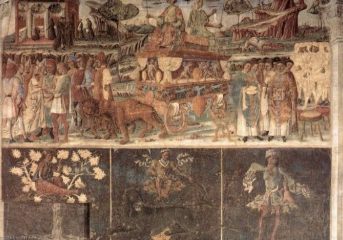 Sign of the zodiac Leo. Fresco by F. del Cossa in Palazzo Sciphanoia, Ferrara, XV century.